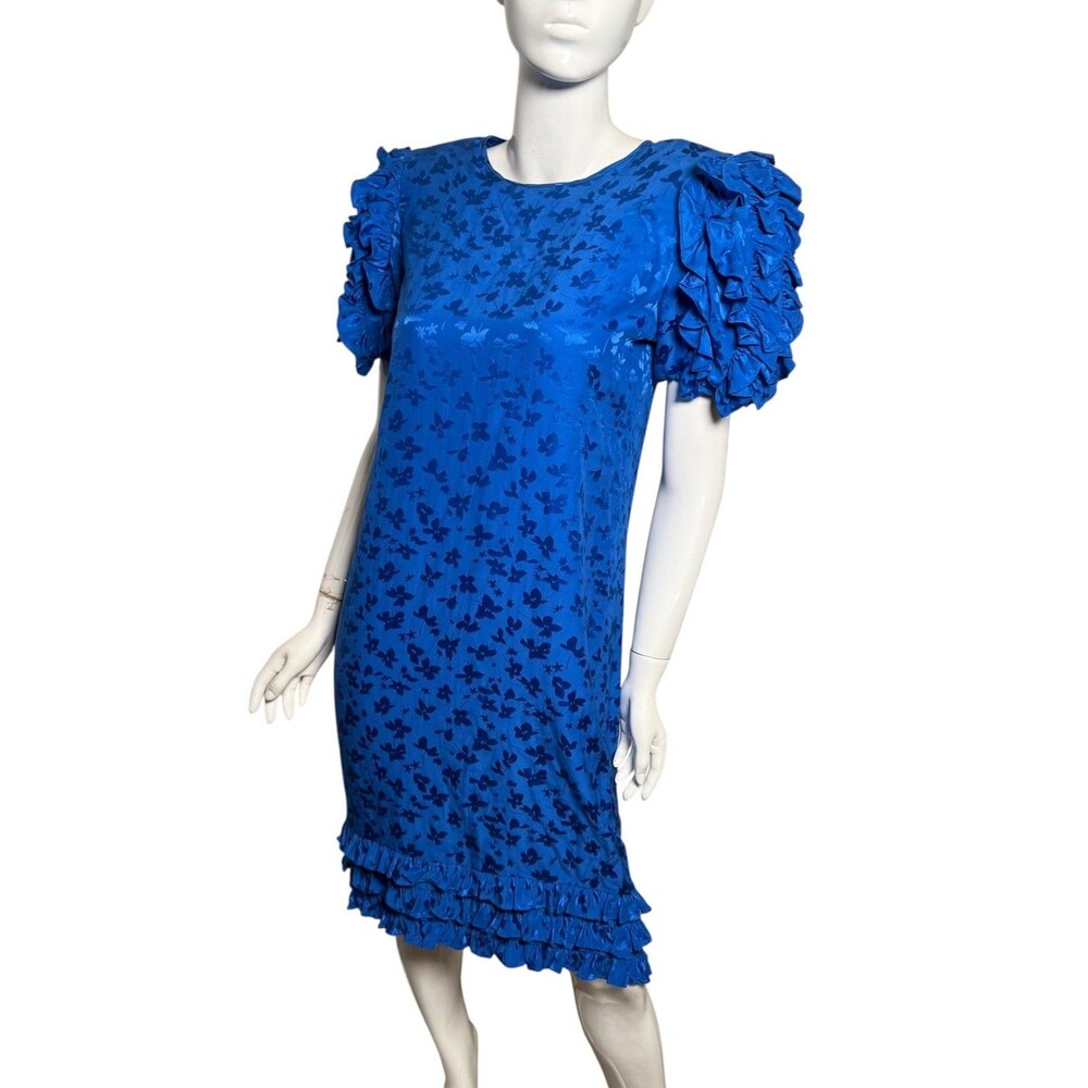 Vintage 80s Maggy London silk Dress Womens 8 Blue Jaquard Puff Sleeve Ruffle - Picture 1 of 6